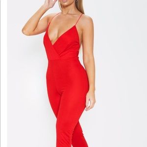 Red Cross Back Strappy Jumpsuit